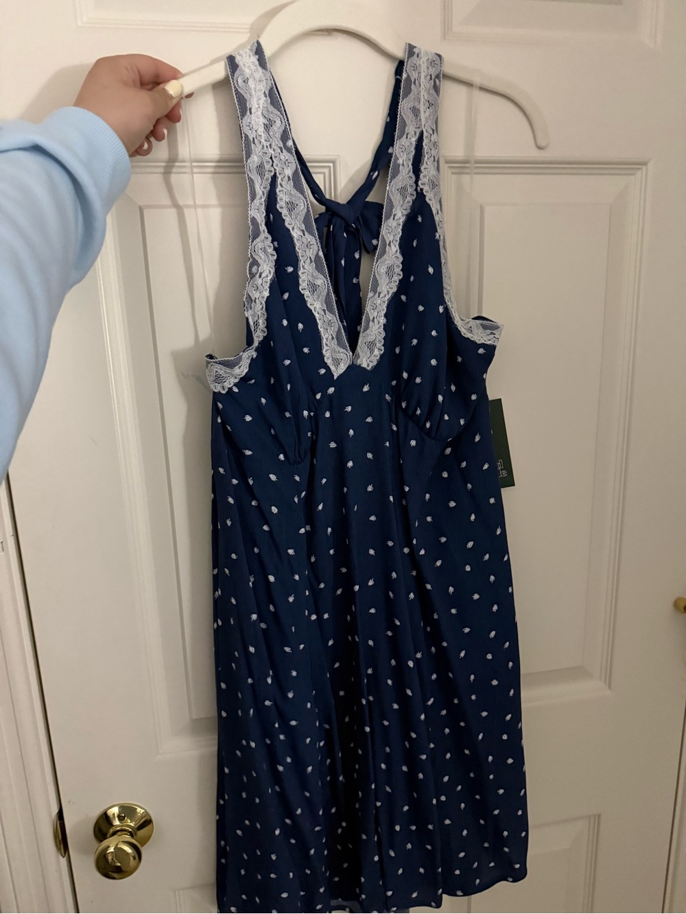 Target Navy Blue Backless Lace-Trim Dress with White Dot Print